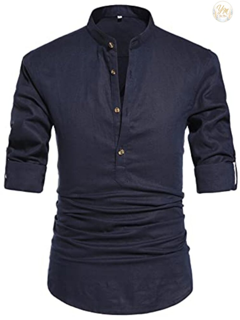 Linen Henley Neck Long Sleeve Shirt Casual Slim Fit Button Front Stand Collar